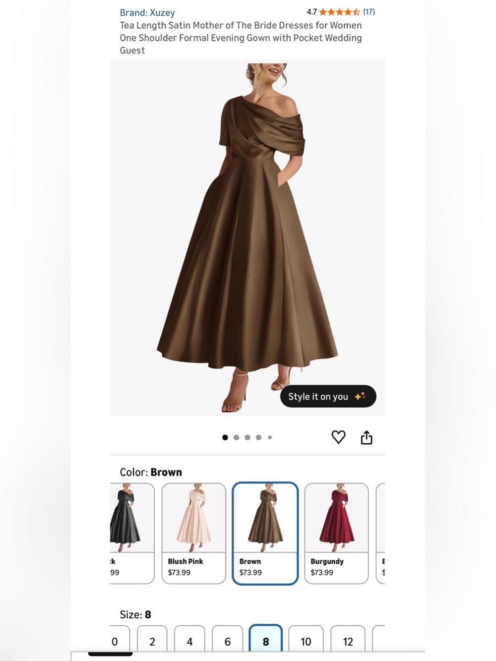 NEW Xuzey Brown Satin One Shoulder Formal Wedding Guest Midi Dress - Size 8 - Picture 8 of 8